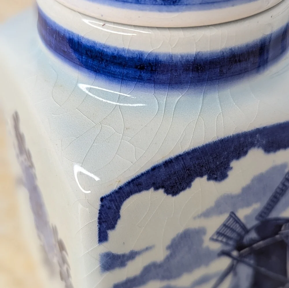 Vintage Pair Blue Delft Spice Jars Ceramic Lidded Holland Canisters